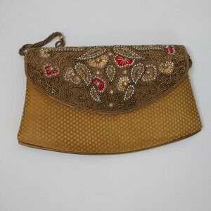 Artisan Made Prong Set Rhinestones And Beaded Silk Envelope Clutch Evening Bag
